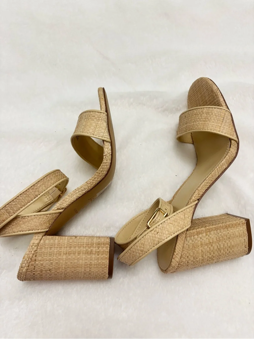NWOT J Crew Factory Woven Block Heel Neutral Beige Raffia Ankle Strap Sandals